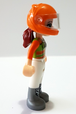 Mia, White Trousers, Lime and Orange Racing Jacket, Orange Racing Helmet with Dark Red Ponytail